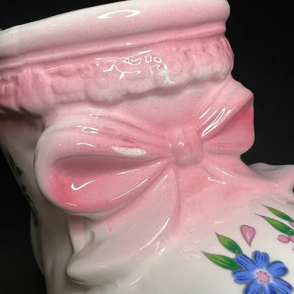 Vintage R.B.C. Ceramic Pink White & Blue Floral Boot Flowerpot Planter 4.25" - Picture 7 of 9